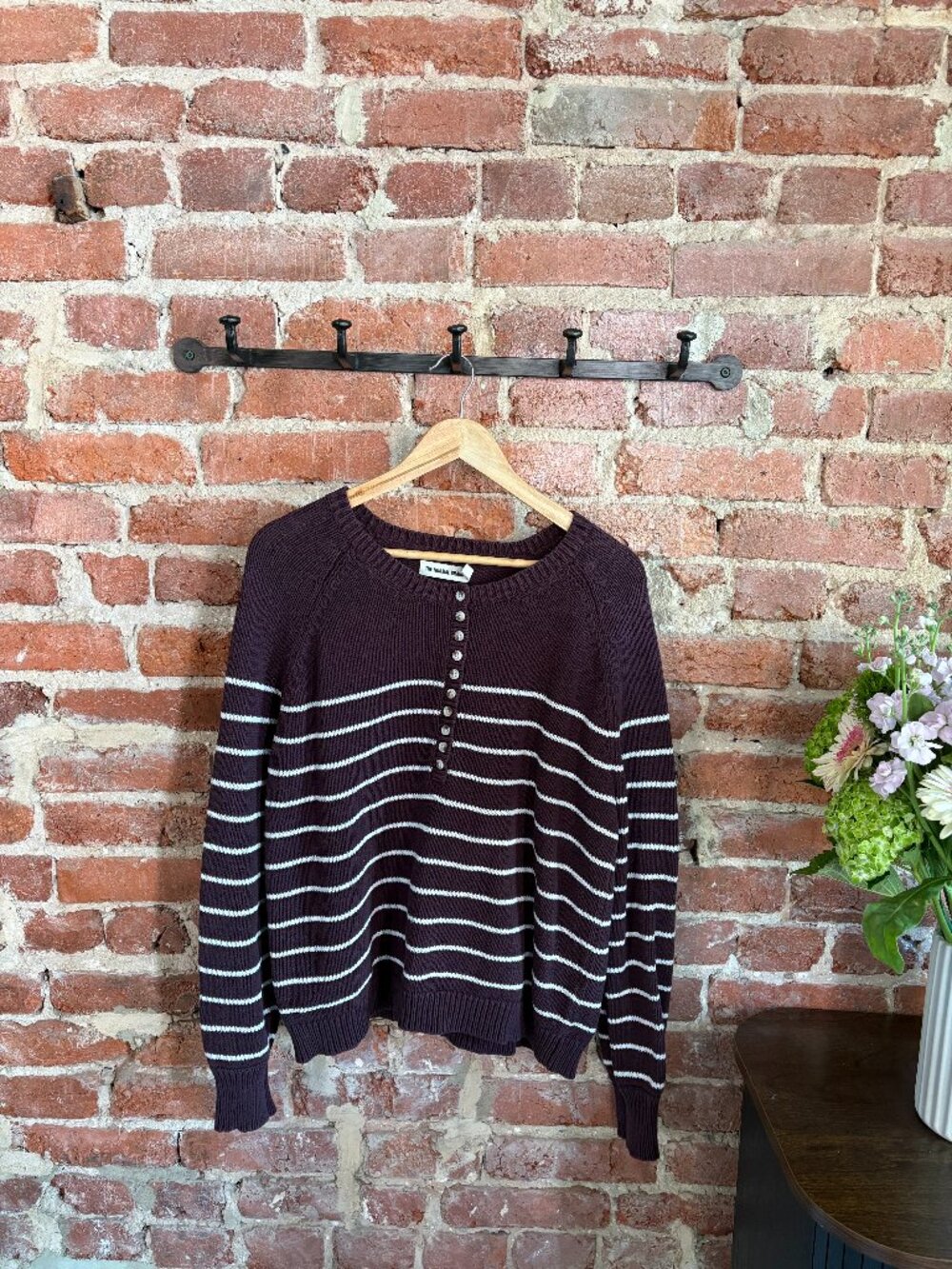 Women's Henley Sweater Maroon/White Stripes